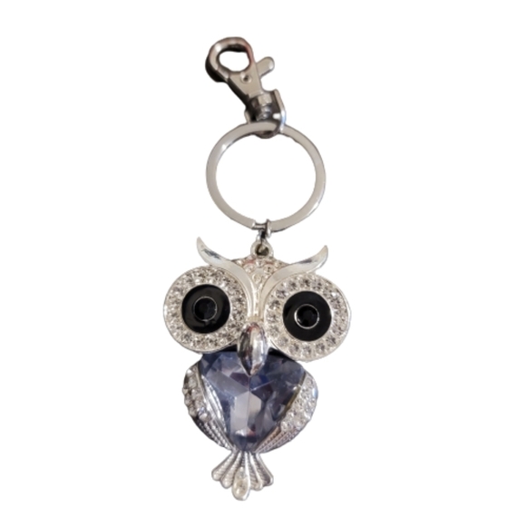 BEJEWELED Owl Bobblehead Keychain Silvertone Metal Rhinestone Bag Clip - Picture 1 of 8